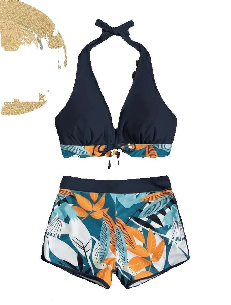Fashion printed patchwork lace up sports surfing bikini set women's swimsuit