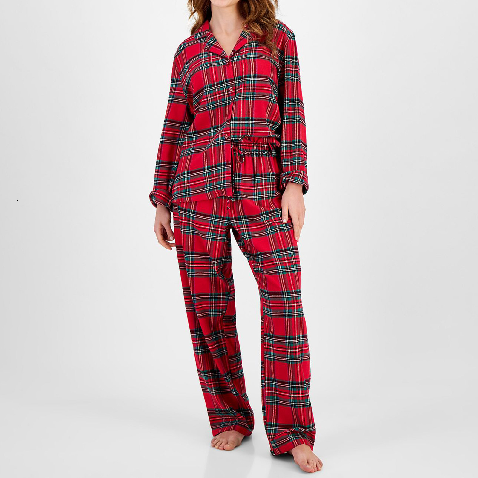 Womens 2-piece solid color/checkered pajama set with feather long sleeved lapel button top and sleepwear 241203