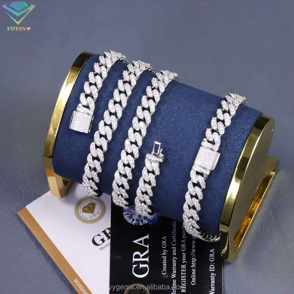 Fashion Jewelry 8mm Wide S925 Sterling Silver Gold Plated VVS Moissanite Diamond Necklace Iced Out Cuban Link Chain for Mens