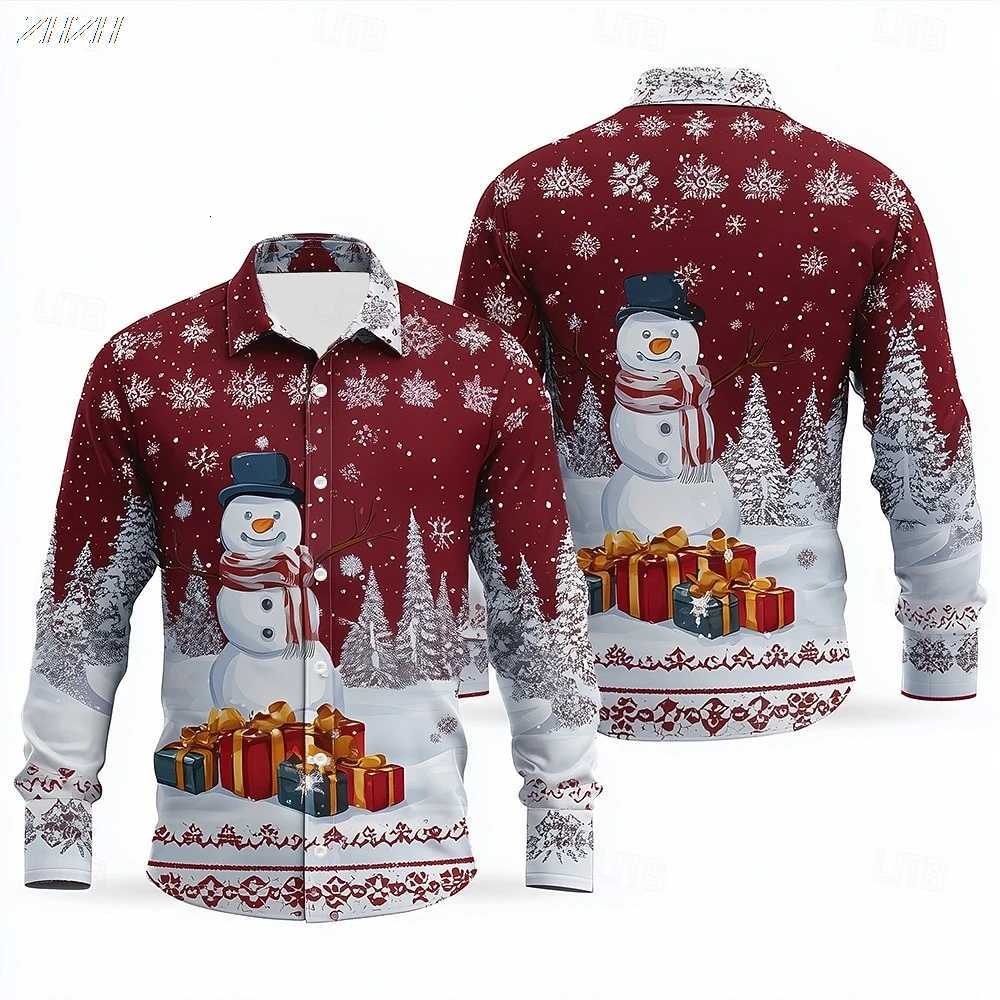 2025 Mens Snowman Snowflake Christmas Shirt 3D Print Button Up Collared Funny Holiday Long Sleeve Spring Fall Party Wear K251110