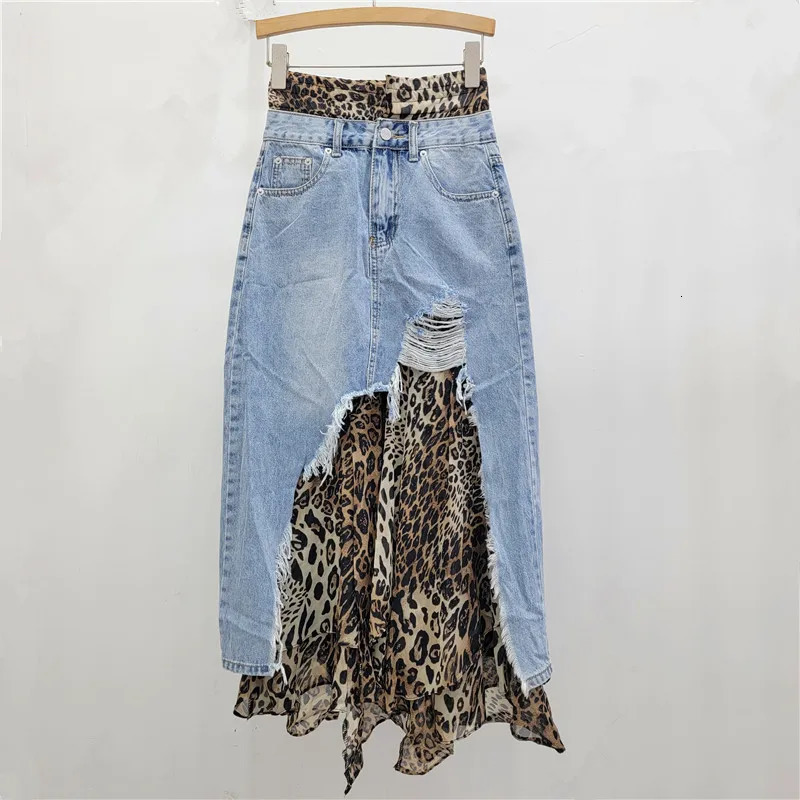 Womens denim skirt patch work leopard print irregular Aline high waisted long autumn fashion 250410