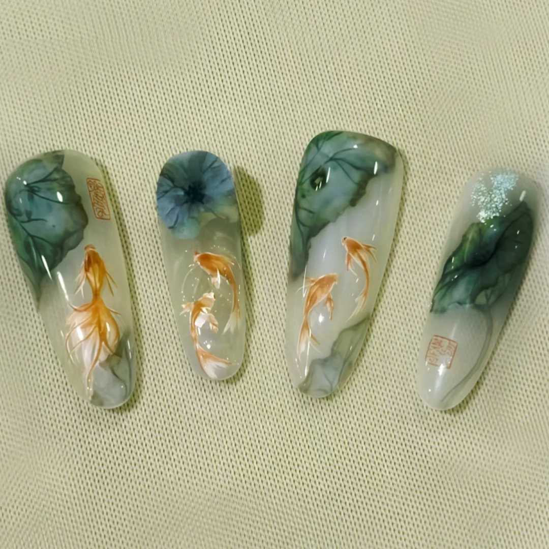 0pcs/set of smooth and long Squoval press on nails fish lotus pattern fake nails women and girls can reuse fake nails W250410