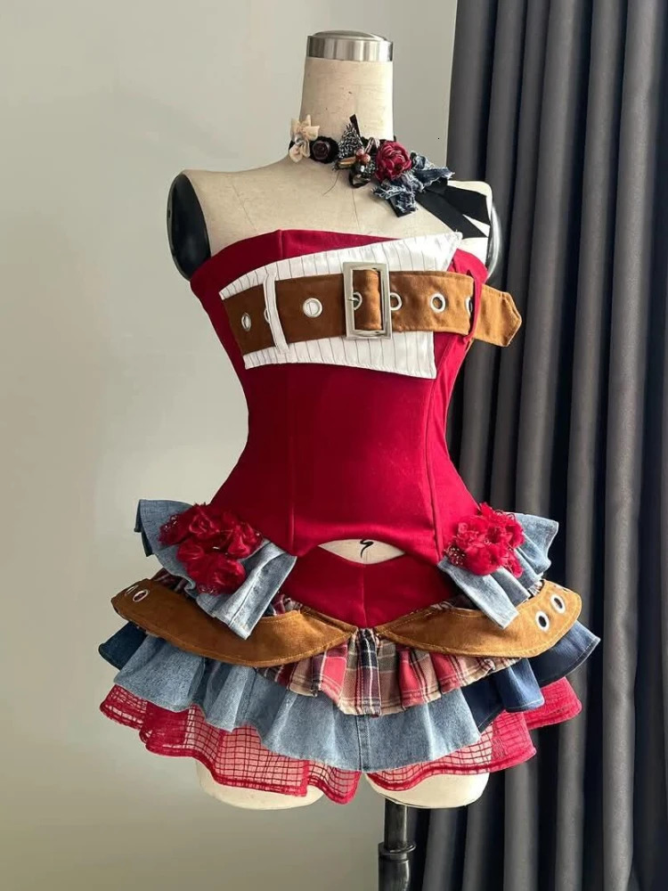 Preppy Style Vintage Red Denim Bustier Tops Sweet Spicy Pure Mini Cake Skirt Women 2 Piece Sets Summer 2025 Korea Style 250409