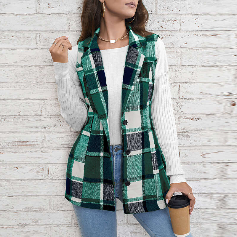 Cross-Border Foreign Trade Women's Clothing Jacket European and American Plaid Vest 2025 Spring Elegant Style Versatile Sleeveless Single-Breaste