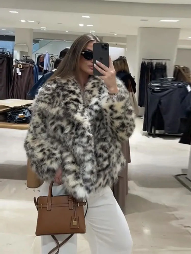 Winter Animal Leopard Printed Faux Fur Jacket For Women y Y2K Long Sleeve Warmth Coats Lady High Street Chic Outerwear 251110