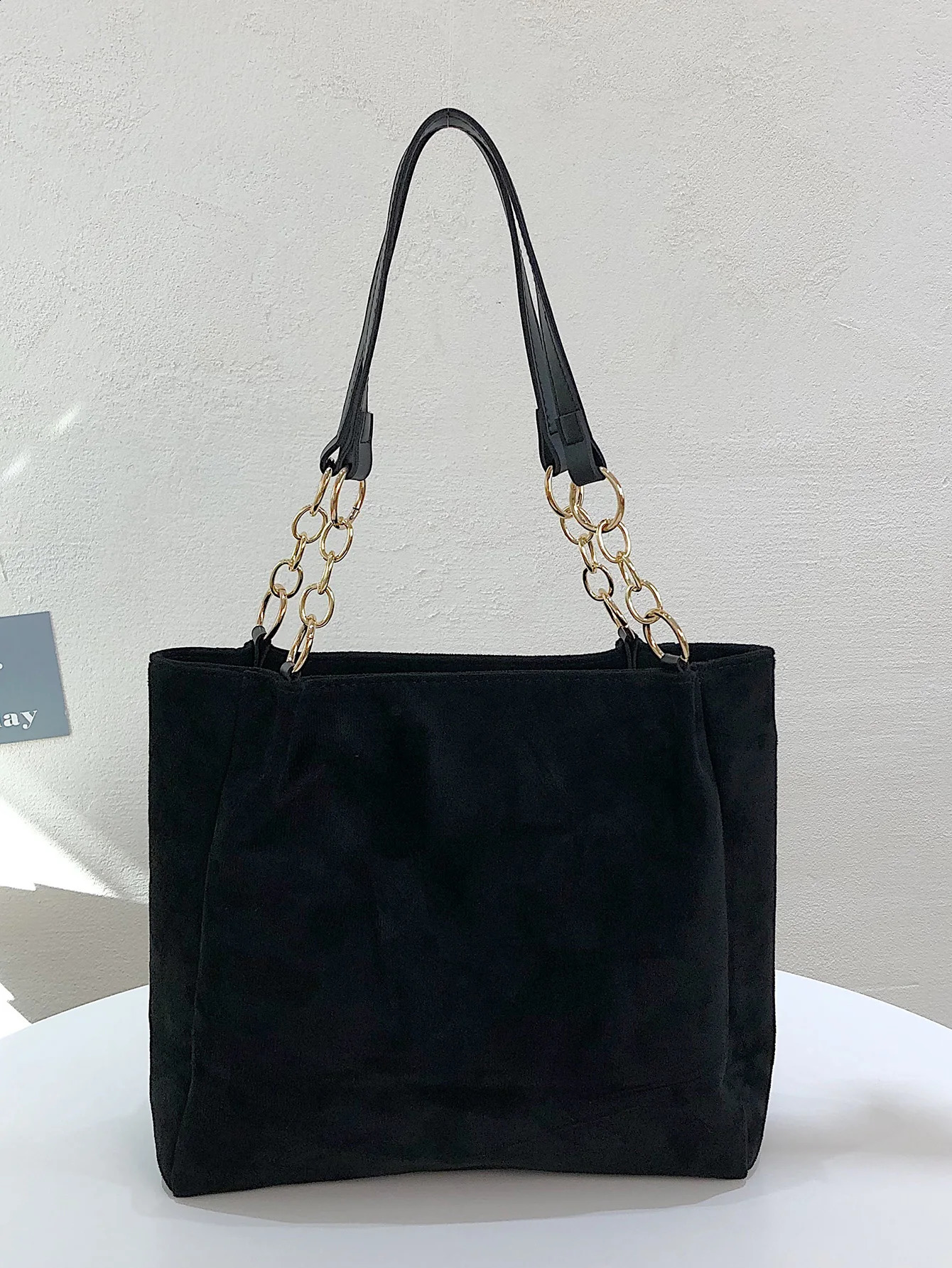 Stylish Suede Shoulder Bag Letterstick Details Chain Trim Tote Handbag Lady High Volume Tote Bag 251106