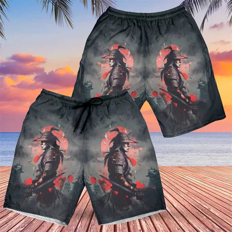 Fashionable Japanese samurai graphic beach shorts mens trend summer street 3D printed shorts cool oversized childrens swimming trunk X250410