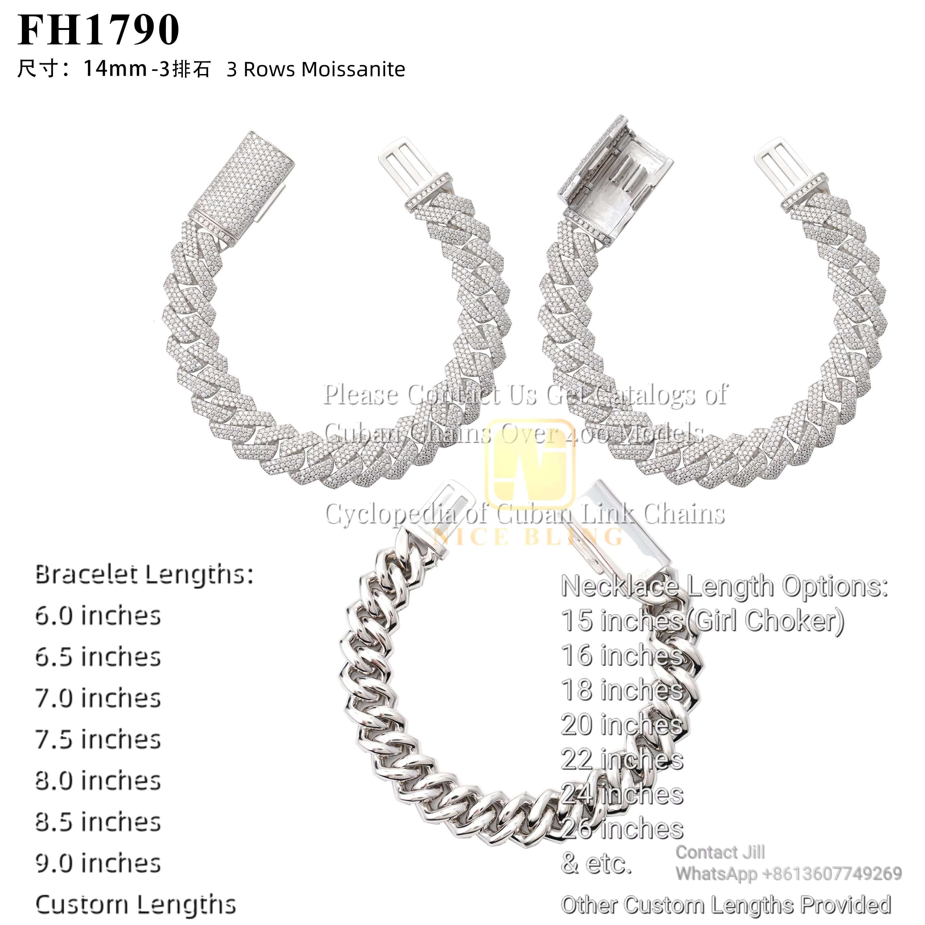 14mm Monaco Chain 3 Rows Hip Hop Rock Sier Moissanite Cuban Bracelet Gold Plated Necklace