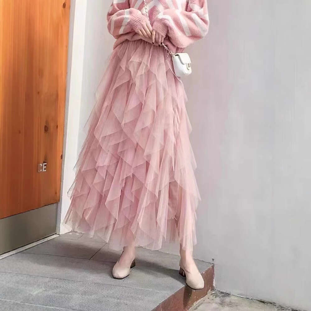 Irregular Mesh Half Spring Summer Autumn Versatile Commuting High Slimming Elastic Waist A-line Mid-length Skirt for Women