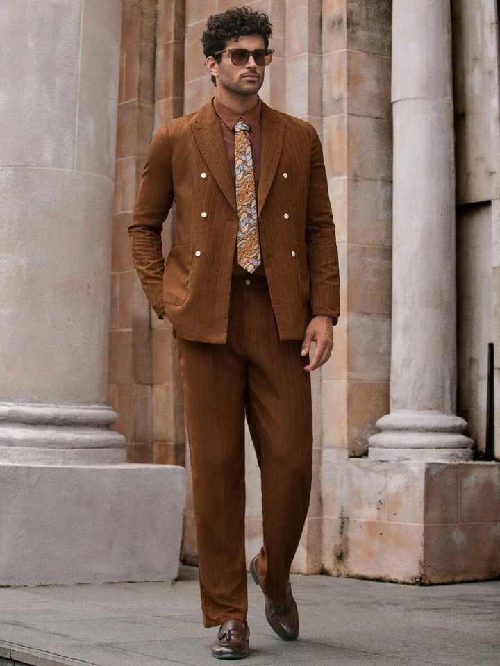 Classic Men Suit 2 Pieces Jacket Pants Double Breasted Peaked Lapel Casual Occasion Street Photography Party Customized