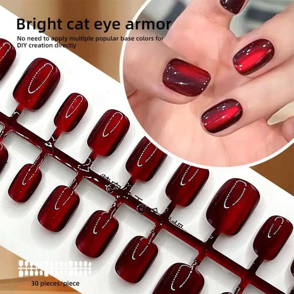 30 smooth red cat eye pressure on nails fully covered nude wearable almond shaped fake nails removable suitable for girls fake nails W250410