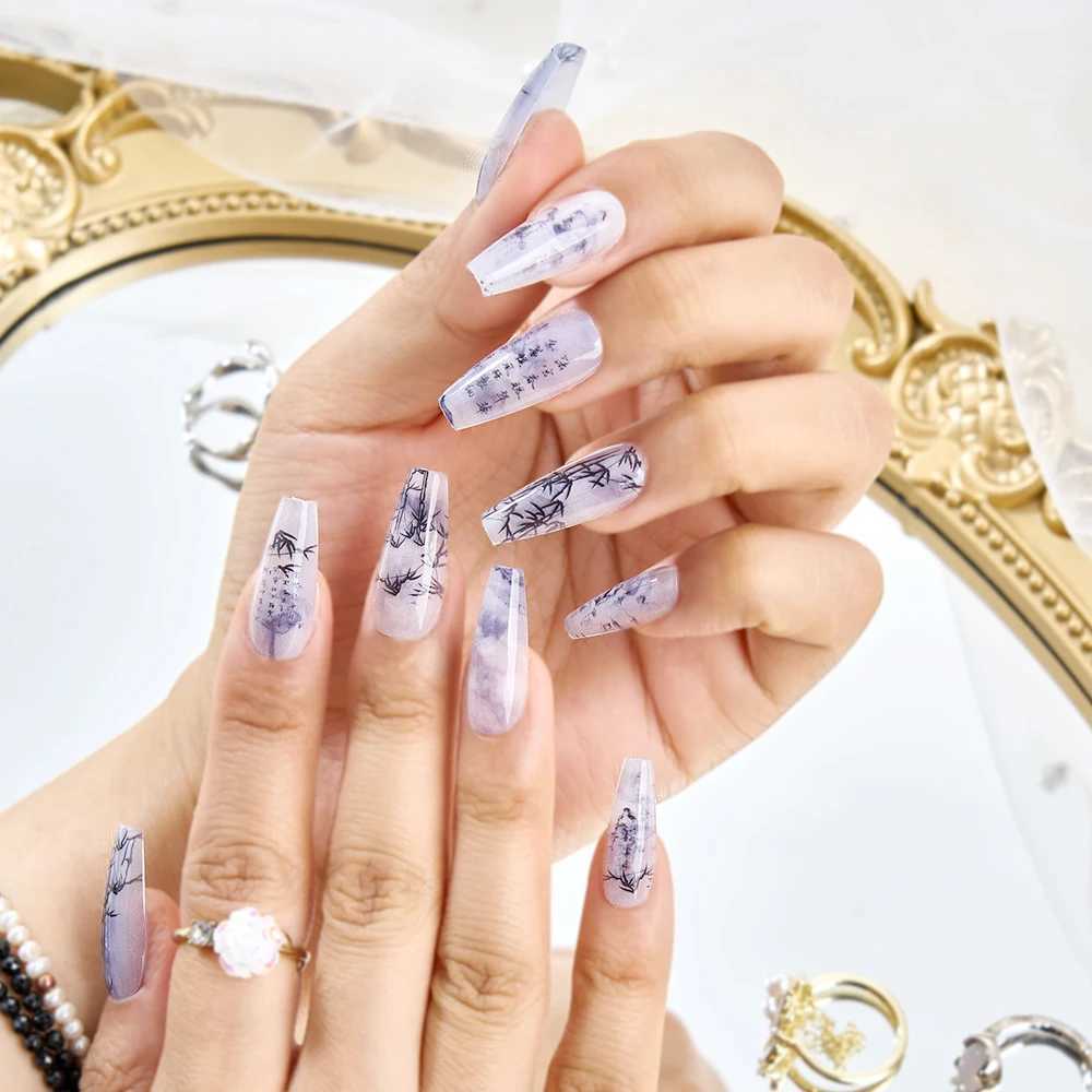 0Pcs Bamboo Chinese Style Fashion nail polish Poetry Painting Design Press Nail Set Reusable Full Cover Acrylic Nail Art W250410