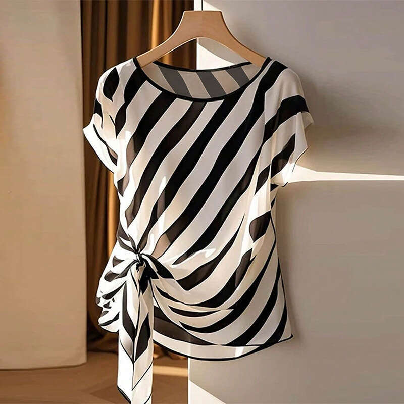 Cross-Border Amazon Foreign Trade Wish Women's Clothing 2025 Summer European and American Vacation Style Twill Shirt Tie Short Sleeve Top