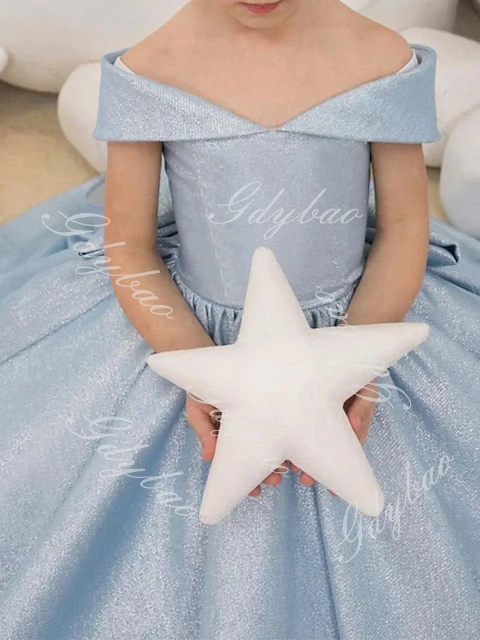 Sky Blue Flower Girl Dress Elegant Bow Shoulder Princess Satin Ball Dress Childrens Birthday Party First Party Dress 250403