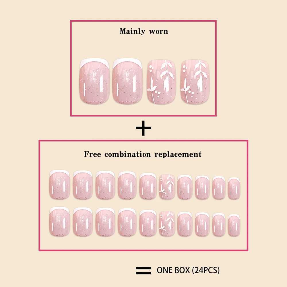24 pieces/set short size French simple sparkling pink leaf girl fully covered wearable fake nails W250410