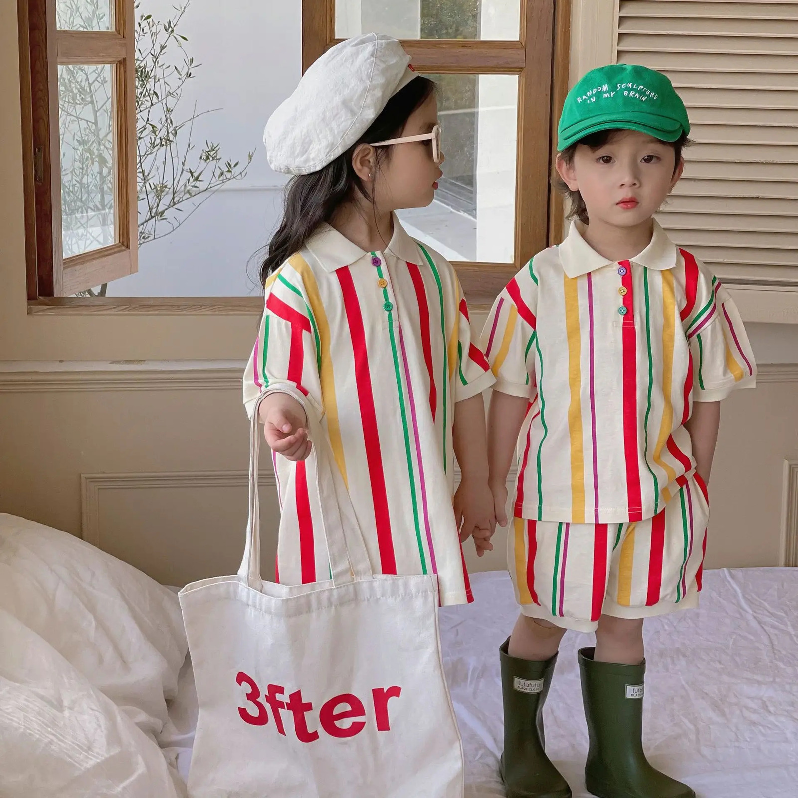 Summer childrens striped knitting suit childrens polo dress boys short sleeve suit sisters attic childrens clothing 250409
