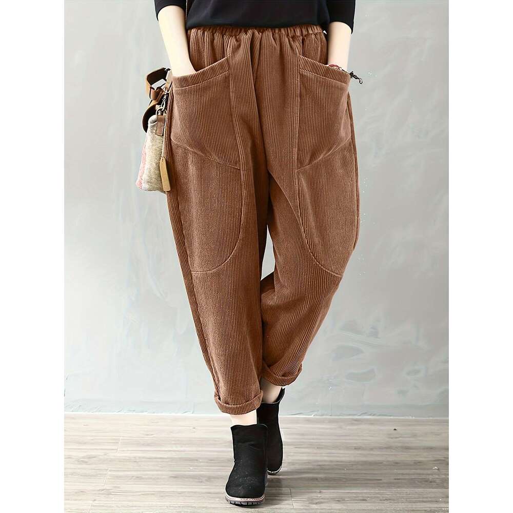 2023 TEMU Hot-Selling Autumn Winter Elastic Waist Plus Size Fashion Corduroy Loose Outer Pants for Women