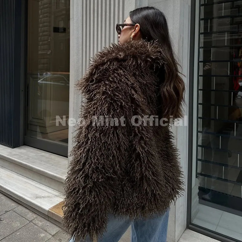 Neo Mint Winter Lulicore Fashion Brown Faux Fur Coat Women Chic Autumn Warm Fluffy Sheep Jacket Big Collar Overcoat 251110