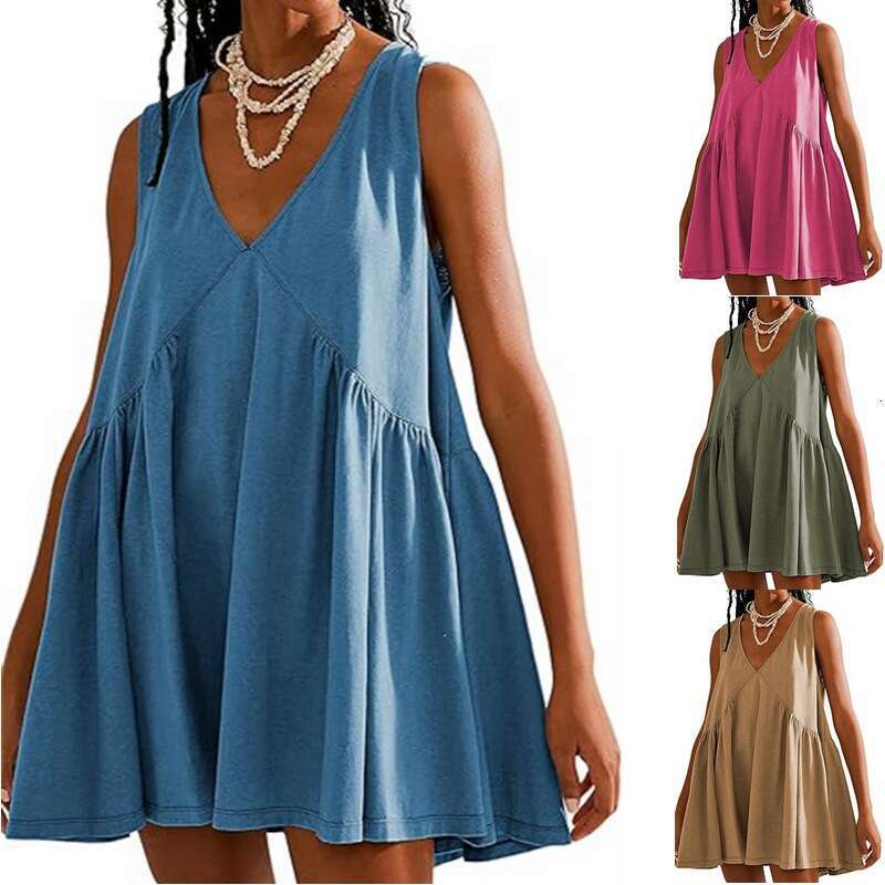 2024 European and American Foreign Trade Cross-Border Women's Fashion Amazon Shein V-Neck Sleeveless Ruched Tank Pocket Dress