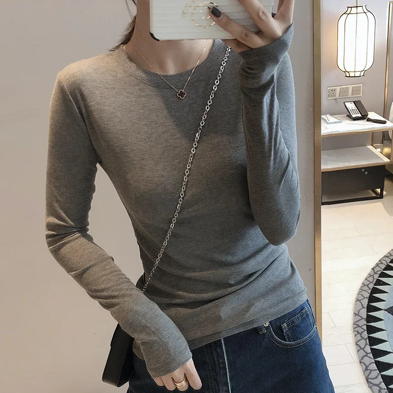 Womens 2025 highquality plain weave Tshirt cotton elastic basic womens casual top long sleeved sexy thin 250407