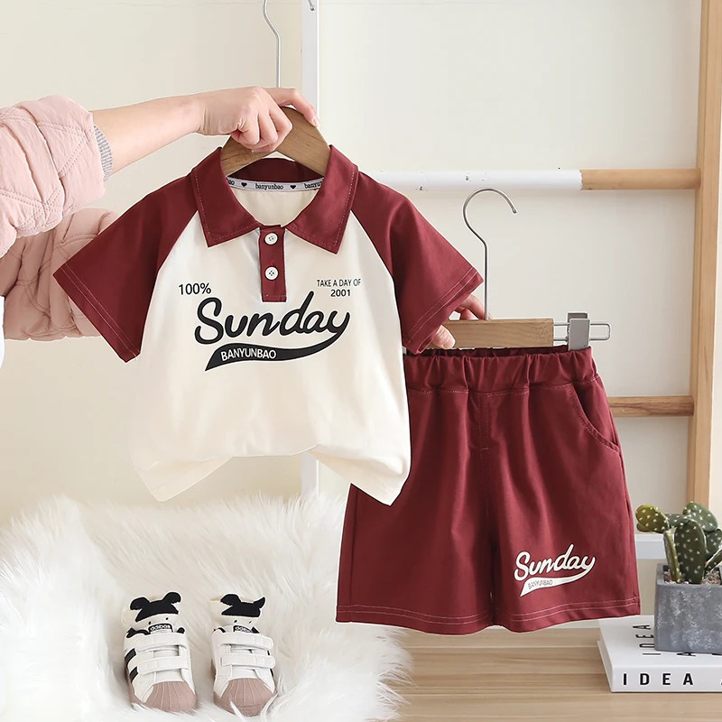 Childrens clothing set baby boys and girls summer letter polo T-shirt 2-piece set cute baby clothing 250409