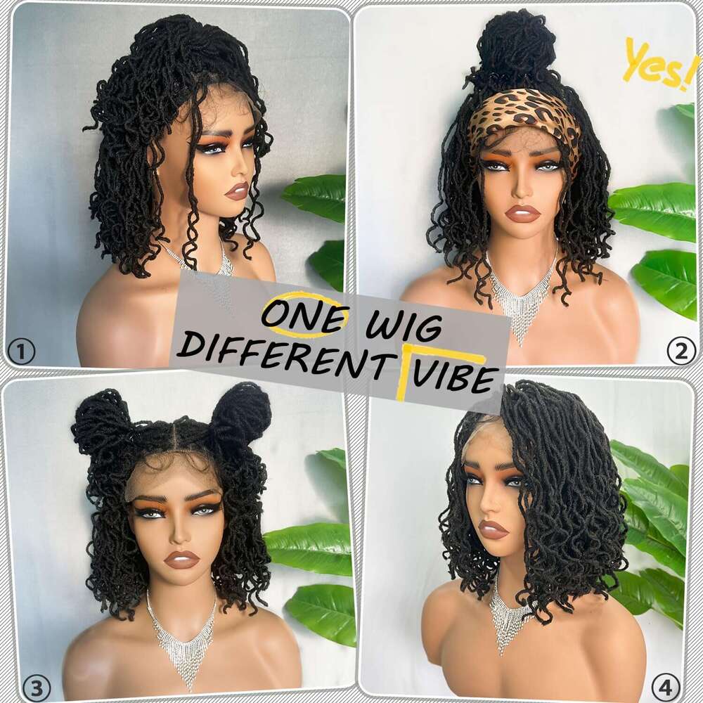 Full Lace Faux Locs Short Afro Curly Dreadlock Wig Glueless Knotless Box Braids Flame Retardant Lightweight + Pre-Plucked Hairline Natural Fluffy For 