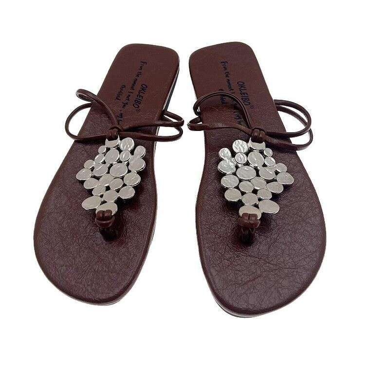 Woman Sandals Summer New Sequined Women Metal Low Heel Flat Roman Sandals Square Toe Flip Flops For Women