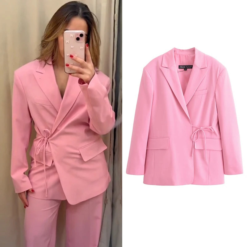 TRAF Womens Spring Elegant Jacket 2025 Long Sleeve Bow Lace Fashion Casual Office Pink Coat 250407