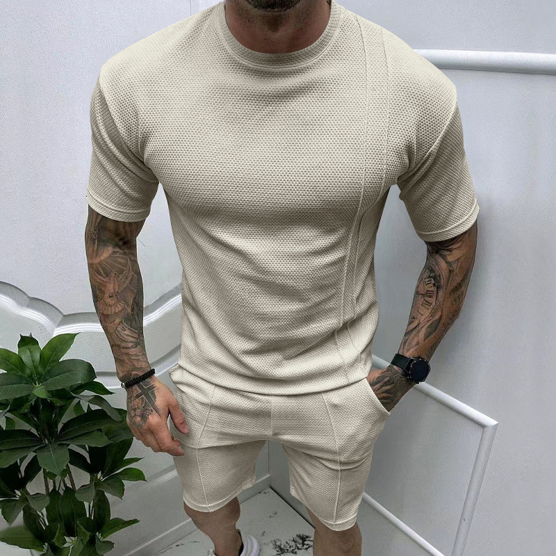 Tem summer mens casual slim fit sports top and shorts set