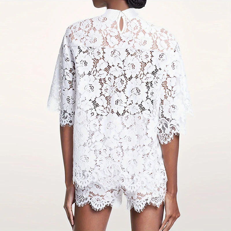 Sexy lace embroidery hook flower hollow hook set womens 2-piece polo neck button top and shorts set spring/summer set 250409