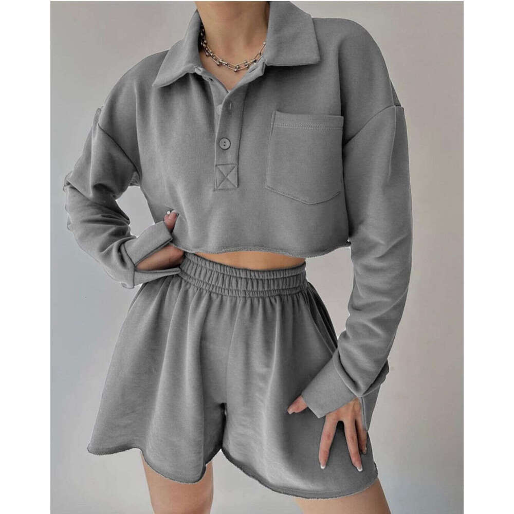 2024 European and American new solid color long sleeved short casual cardigan top drawstring shorts set