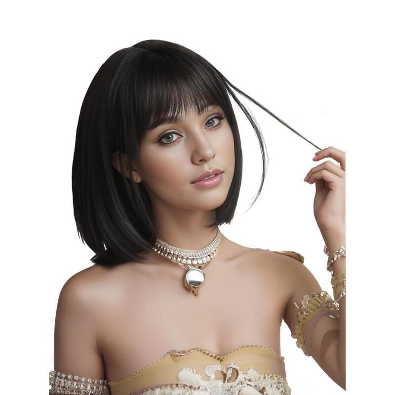 12 Inch Natural black Short Bob With Bangs Light Yaki Straight Blunt Cut Glueless Realistic Look Daily Costume Wig For Women Synthetic Heat Resistant 