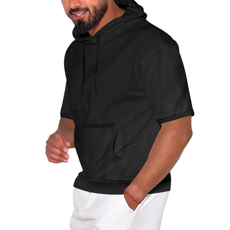 2024 Summer New Mens Casual Hooded Short sleeved T-shirt Solid Color Mens Top T-shirt