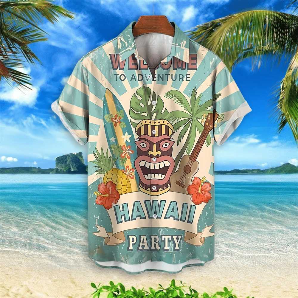 2024 New Retro Mens Wear 3D Tiki Printed Hawaiian Mens Wear Loose Casual Mens Wear Fashion Trend Mens Short Sleeves X250410