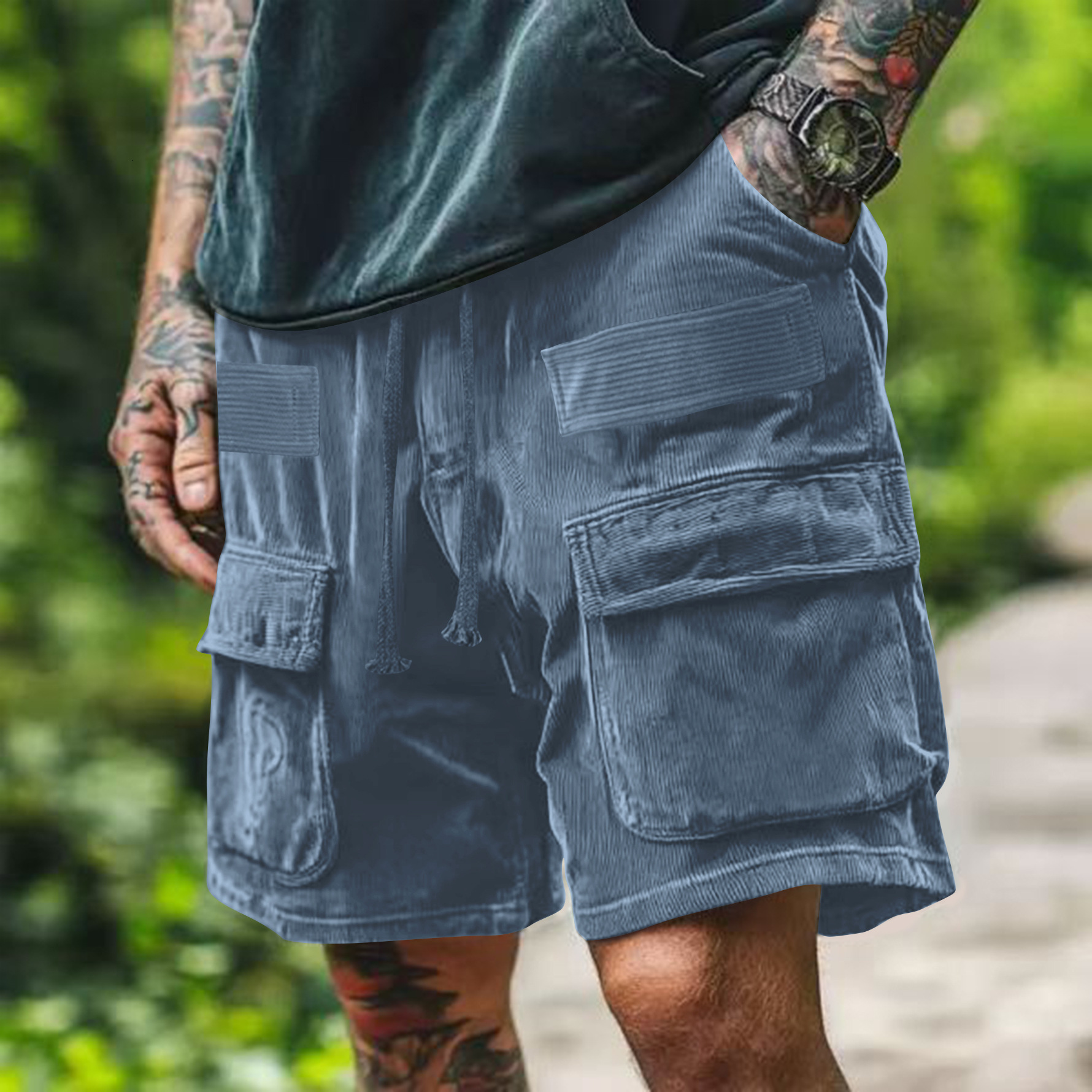 2025 summer new five piece workwear pants with multiple pockets corduroy trendy brand loose mens shorts American mens clothing