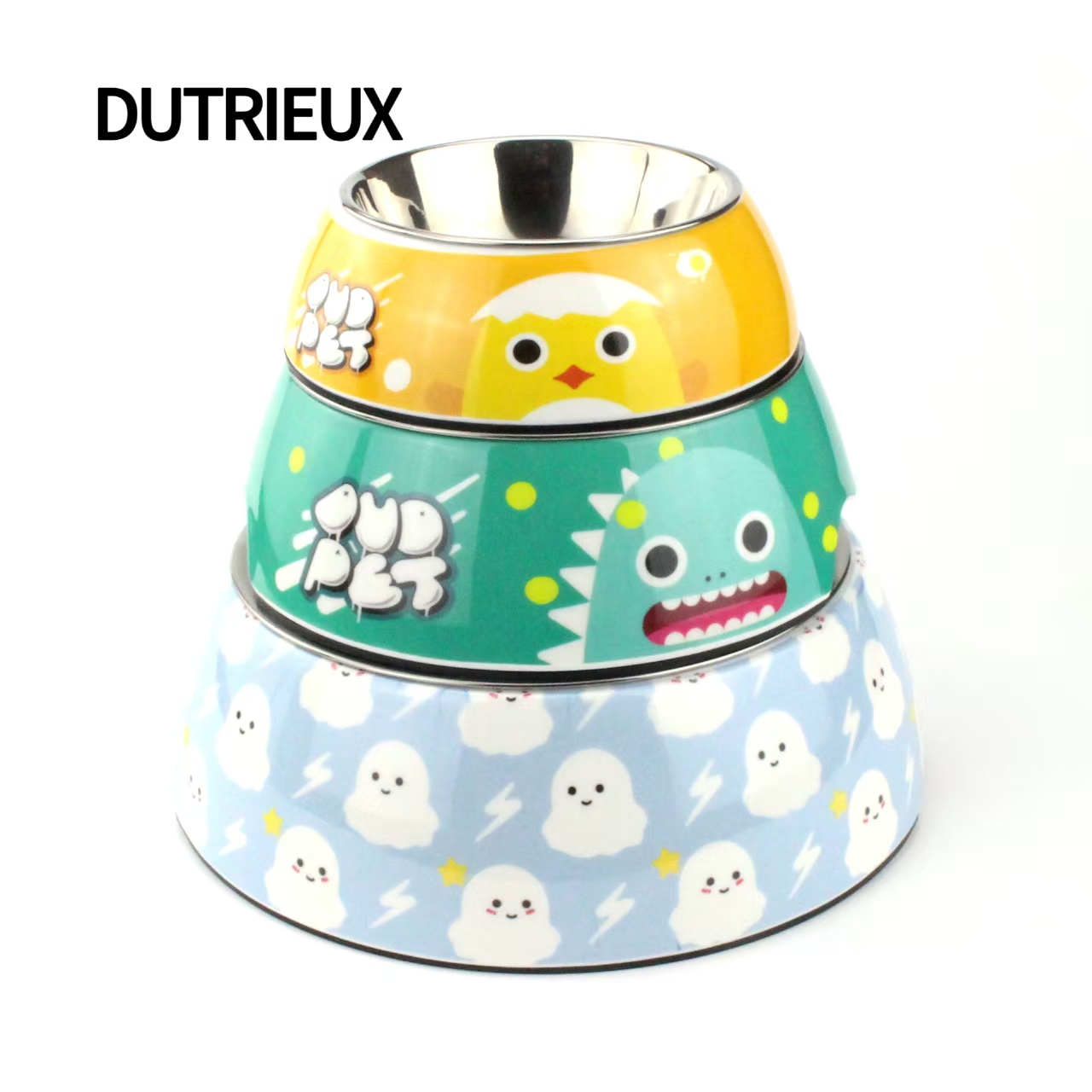 H1378 Wholesale pet tableware, stainless steel double bowls, non-slip food bowls, cartoon printed dog and cat bowls, logo customization available.