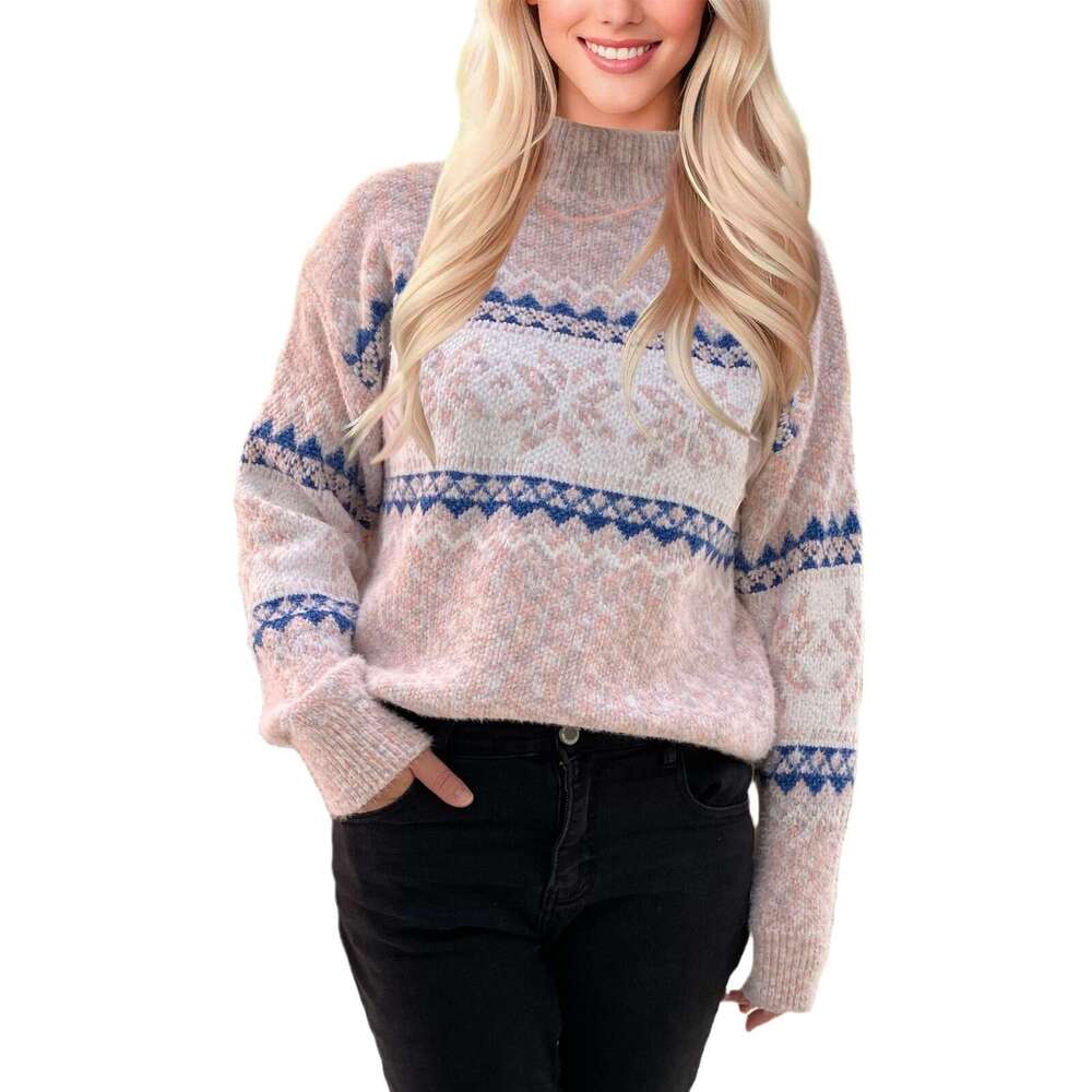 Amazon 2024 New Half Turtleneck Chenille Knit Top European and American Christmas Snowflake Pullover Sweater for Women Trendy