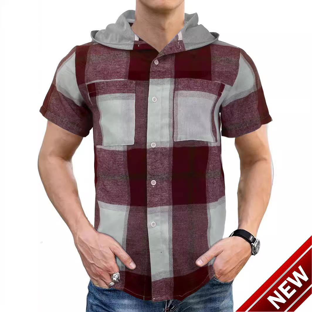 Tems new 2025 summer mens short sleeved shirt mens casual hooded checkered short sleeved shirt