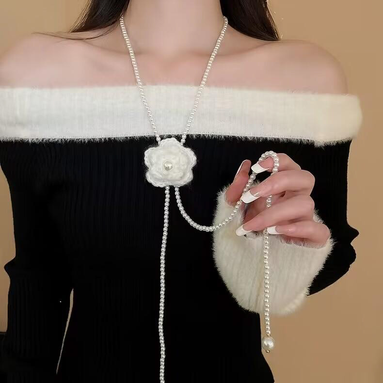 Knitted Flower Pearl Beaded Layered Crystal Necklace Super Fairy Sweet Temperament Collarbone Niche Design Sweater Chain