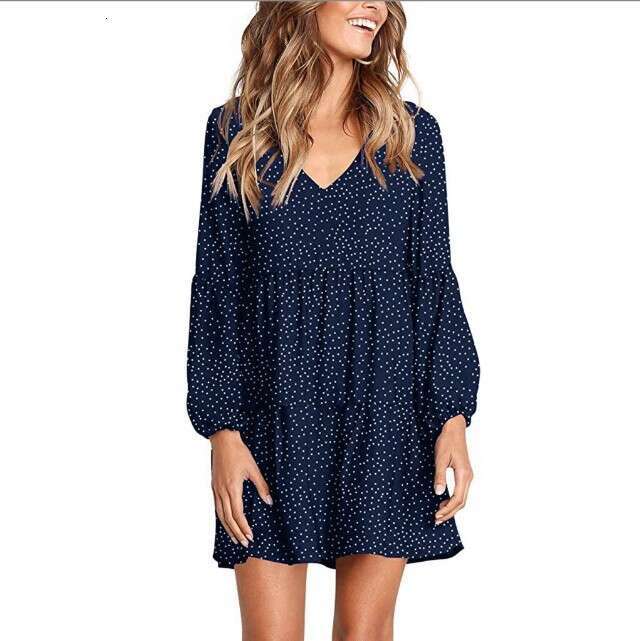 European and American women's V-neck long sleeved polka dot ruffle loose temperament dress 2025 new casual fashion trend clothing