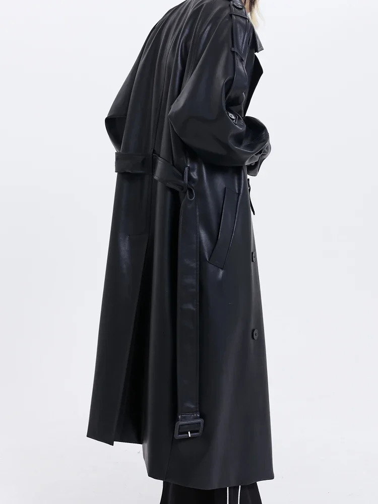 ADAGRIL Black Leather Trench Jacket Womens Retro Bicycle Long Windproof Loose Korean Fashion Autumn Winter Style 250410