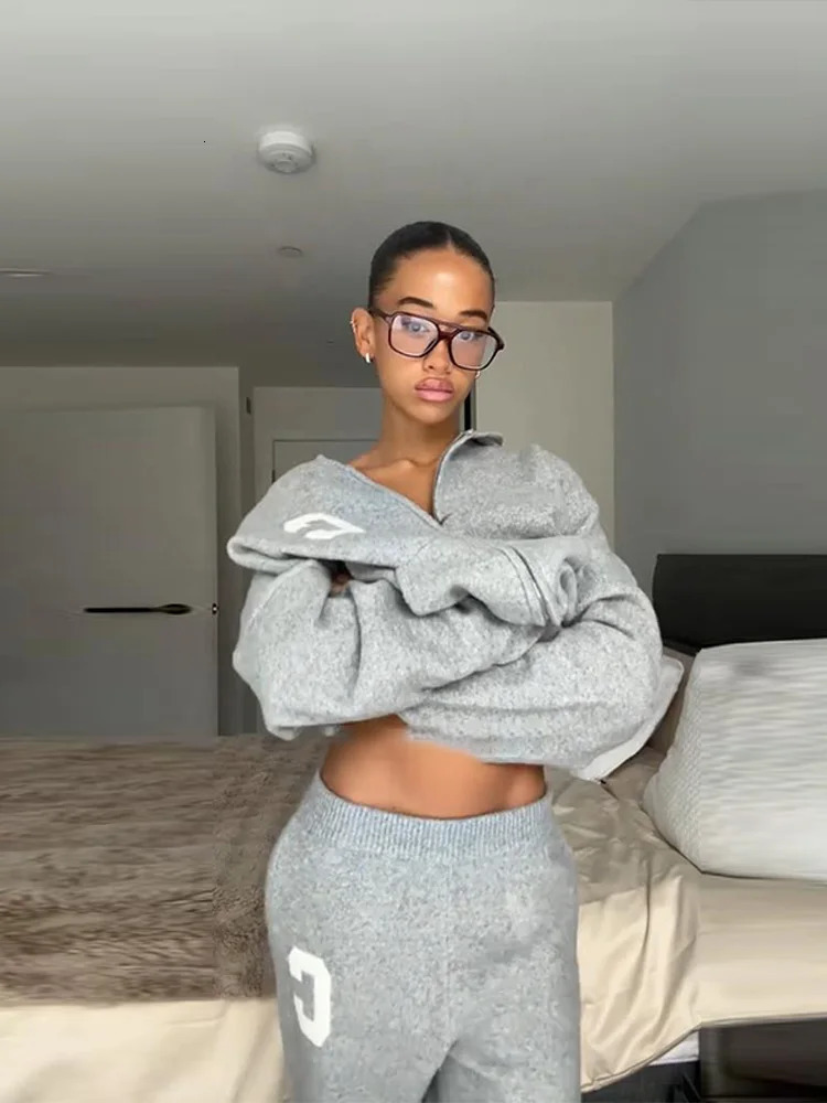 Knitted Womens Pant Sets Hooded Long Sleeve Dropped Shoulder Zipper Female Jacket Solid Elastic Waist Straight Pants For Ladies 251110