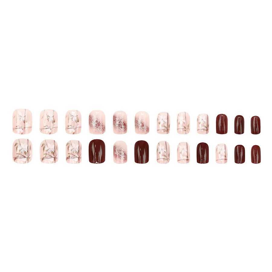 24 pieces of sparkling white flower press nails pink gradient fake nails smooth artificial finger manipulation reusable fake nails W250410