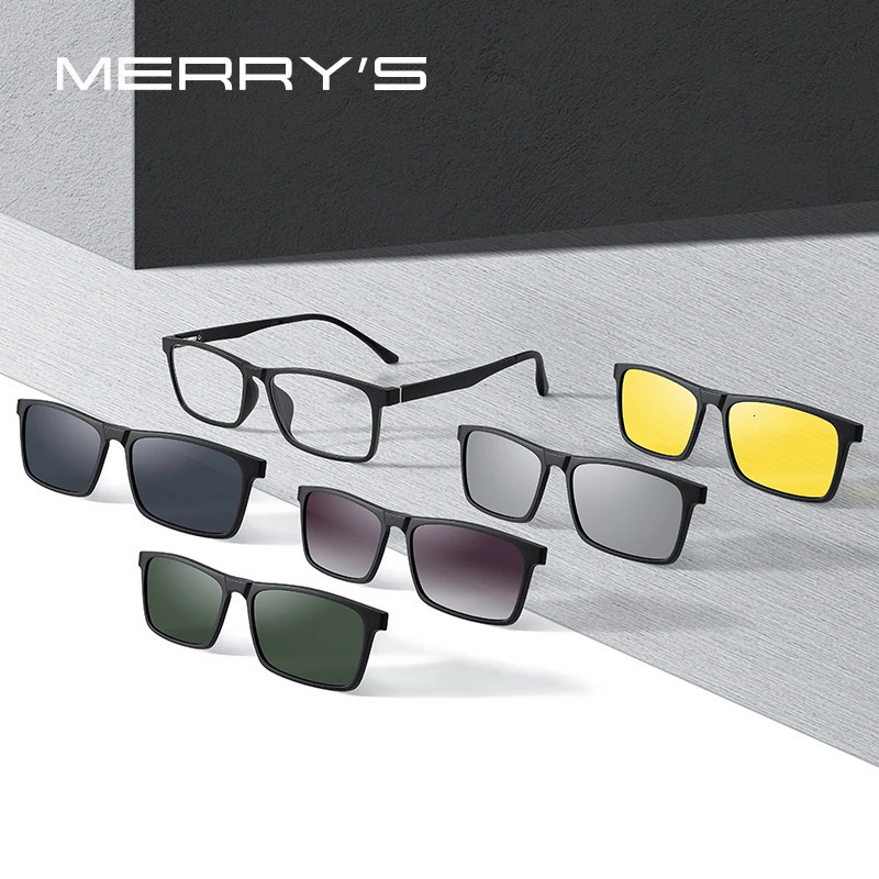MERRYS n 5in1 Magnetic Polarization Clip Glasses Frame Mens TR90 Square S2149 250410