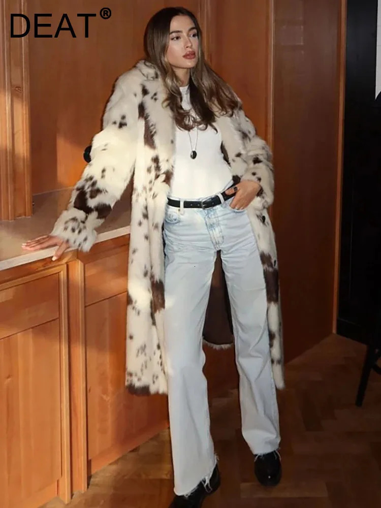 DEAT Fashion Tie Dye Faux Fur Coat Womens Lapel Loose Long Sleeves Plush Thick Overcoat Winter 7A1355 251110