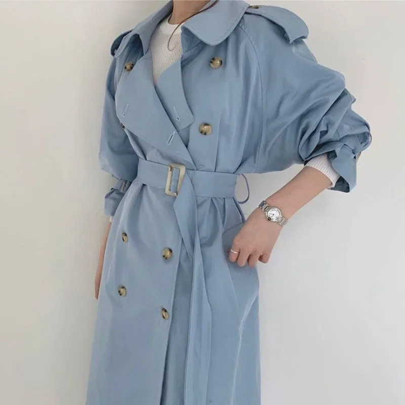 Korean womens medium length windproof machine with shoulder strap and split button n blue beige casual doublelayer long sleeved trench coat 250410