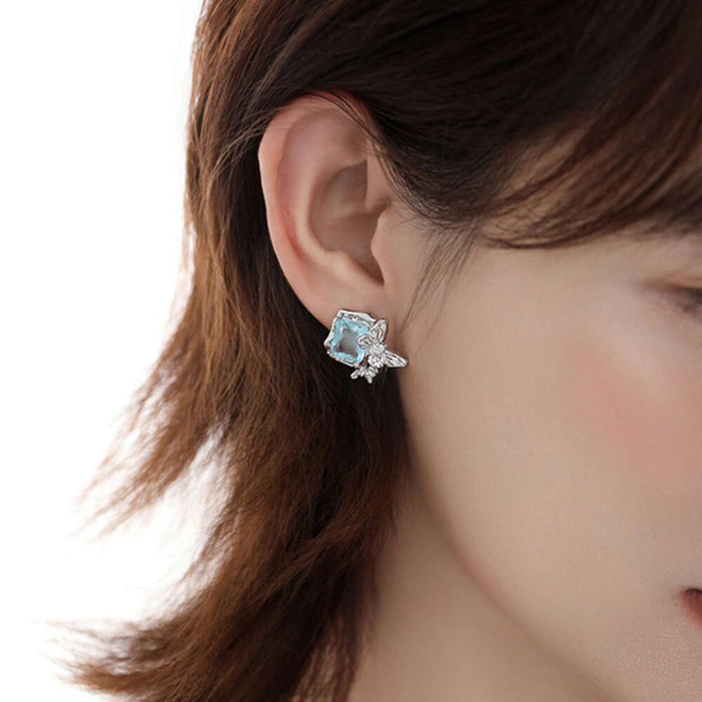 Original Exquisite Blue Zircon Butterfly for Women Geometric Square Simple Design Sweet Cool Style Personality Earrings
