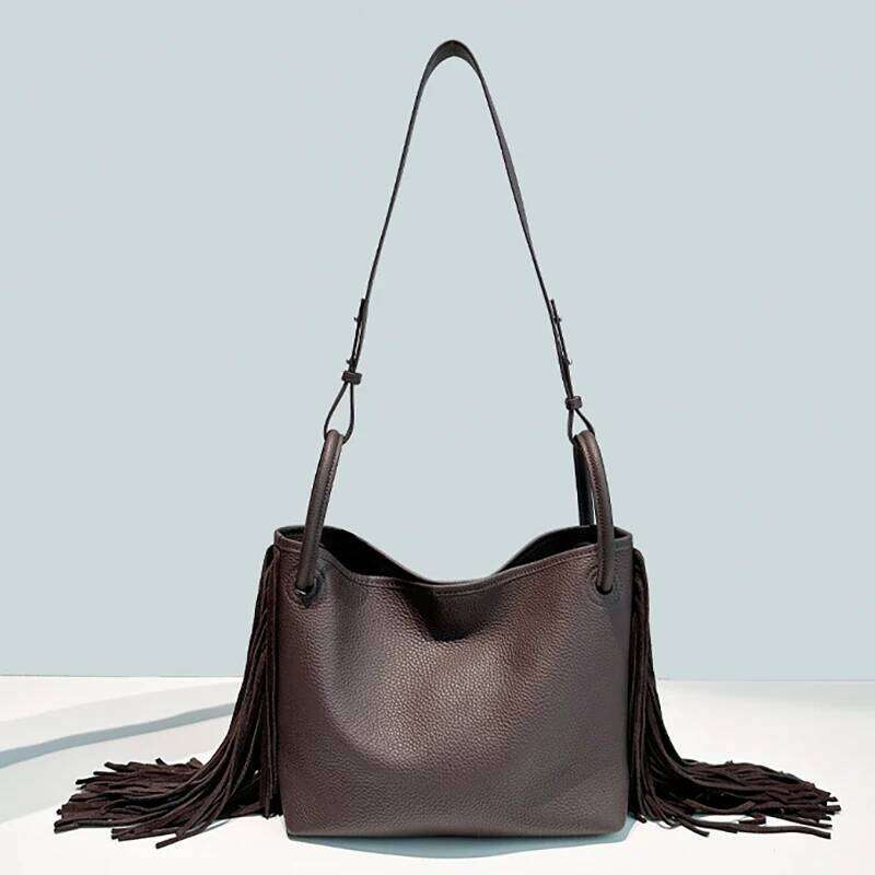 First Layer Cowhide Tassel Bucket 2025 New Niche Design Large Capacity Commuter One-Shoulder Crossbody Bag Women's Handbag