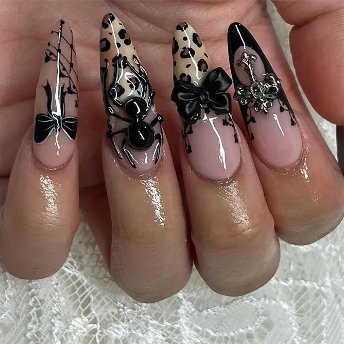 24 pieces Leopard Print almond fake nail press mini flower acrylic fake nails retro sweet and cool design French nail press W250410