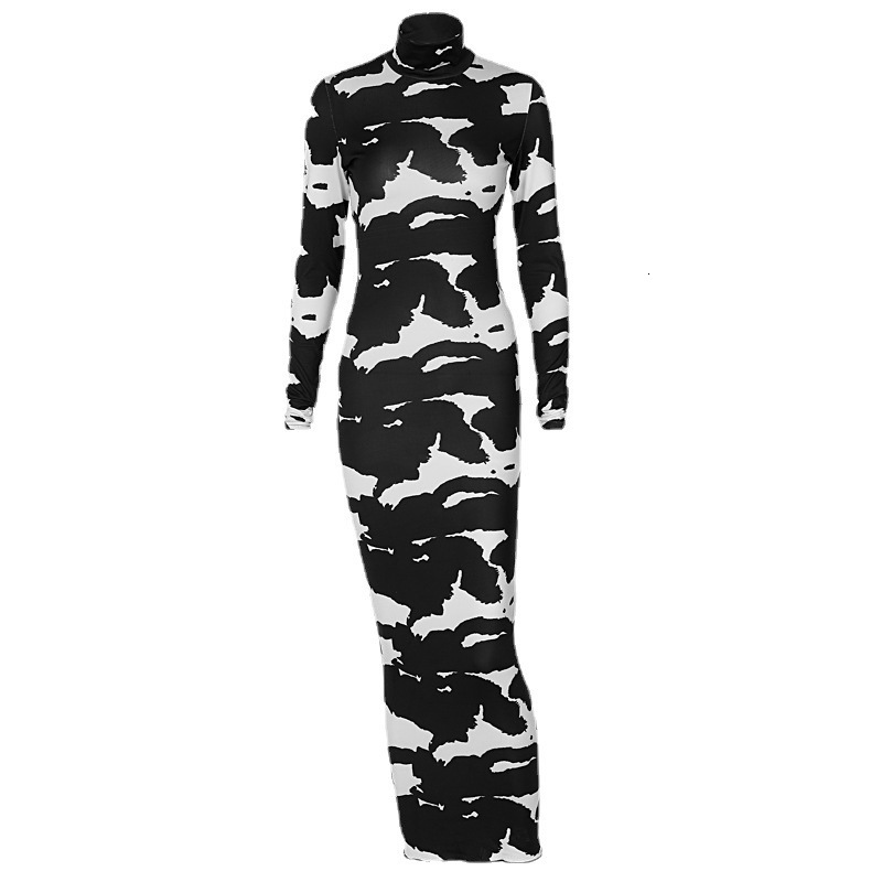 Women's 2025 Spring New Fashion Print High Neck Long Sleeve Slim Fit Dress